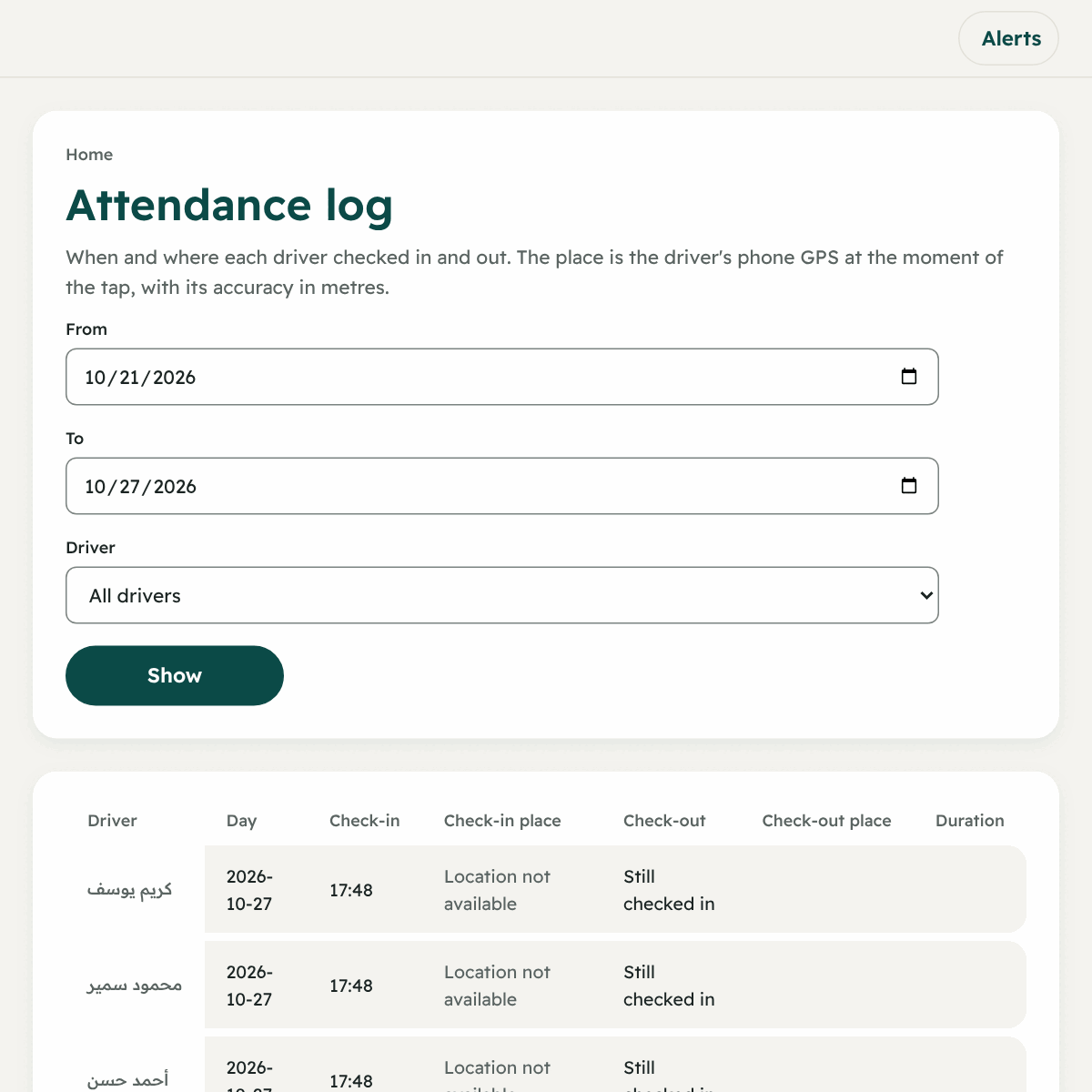 The “Attendance log”: the time and place of each driver’s check-in and check-out.