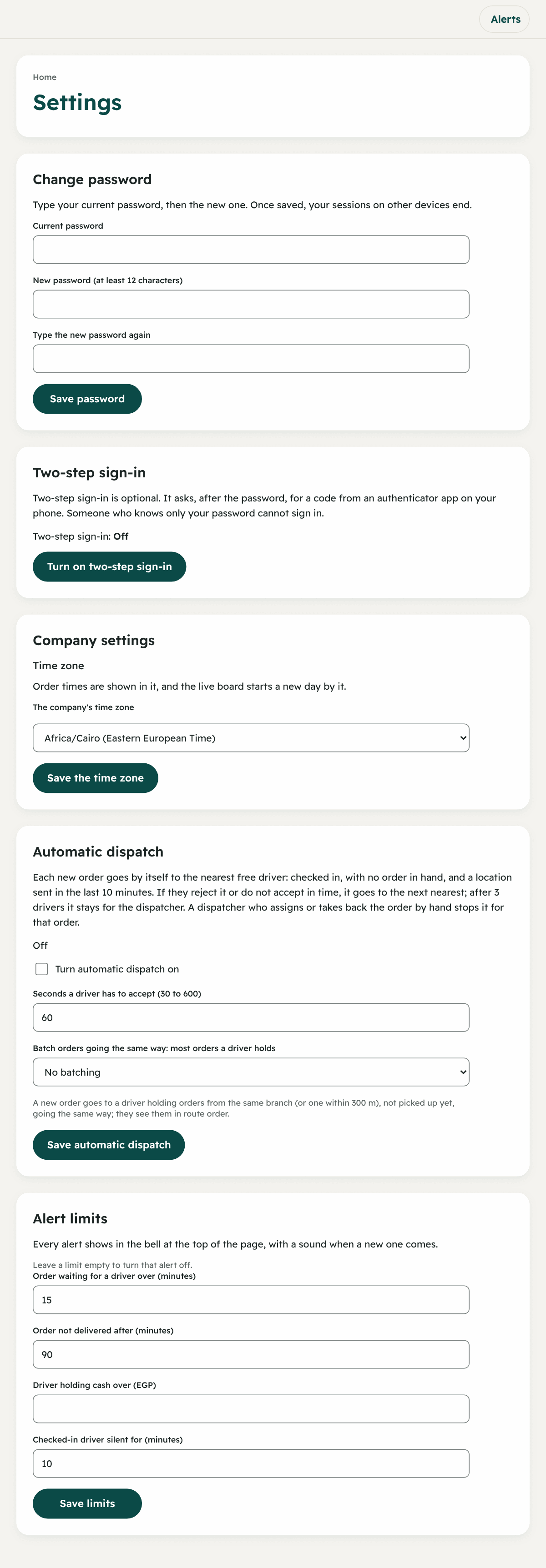 “Settings”: automatic dispatch, batching orders, and the time zone.
