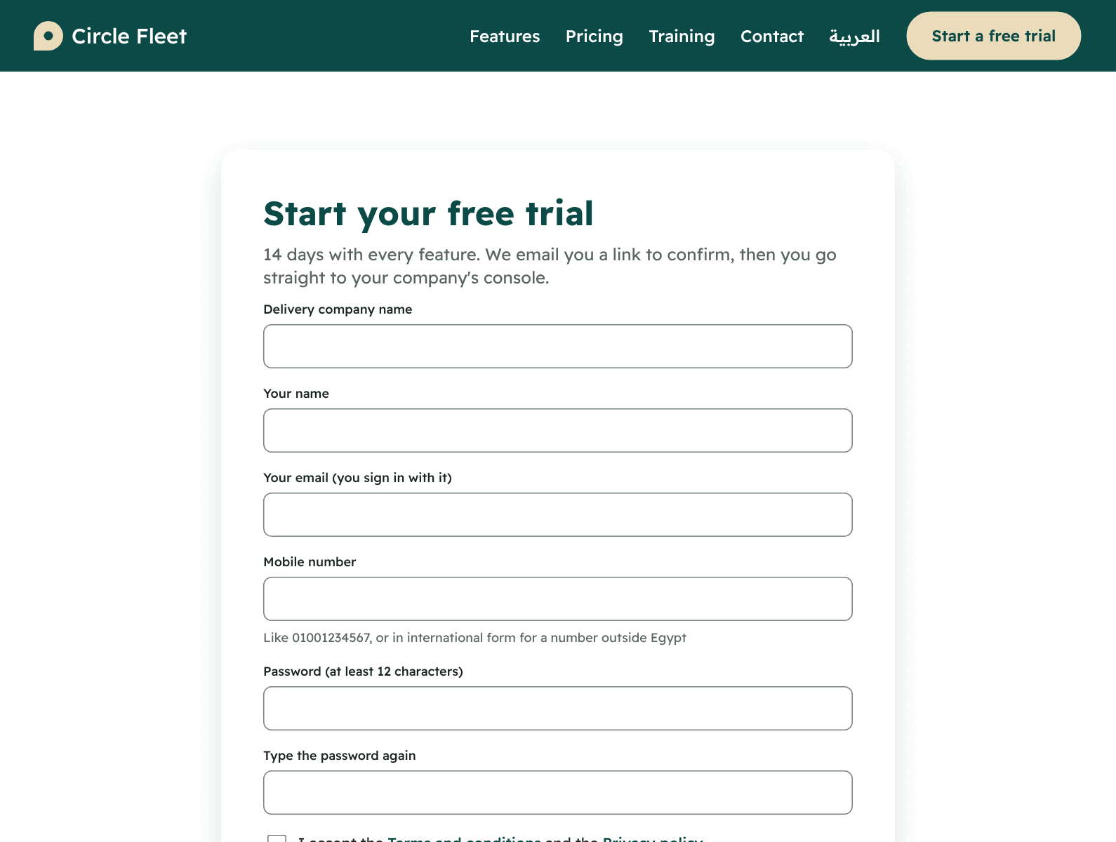 The sign-up form on the Circle Fleet website. (The values typed are for demo.)